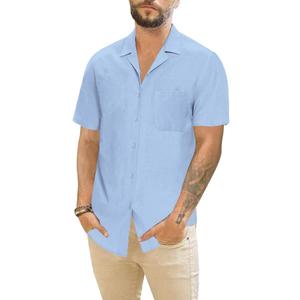 Mens Cotton Linen Short Sleeve Shirts Cuban Camp Button Down Beach Vacation Tops with Pocket (L)