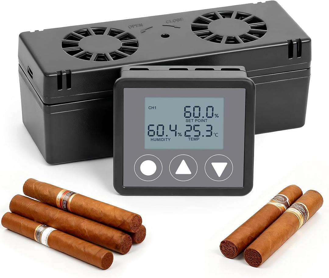 Electric Cigar Humidifier for Cigar Humidor Box - Dual-Fan Sensor-Controlled + LCD Humidity & Temperature Display, Multi-Device Connection Supported, for 40-180 Cigars 1V1