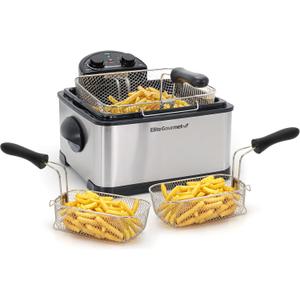 Elite Gourmet EDF-401T Electric 4.5 Qt. / 17 Cup Immersion Deep Fryer 3-Baskets, 1700-Watt, Timer Control Adjustable Temperature, Lid with Viewing Window and Odor Free Filter