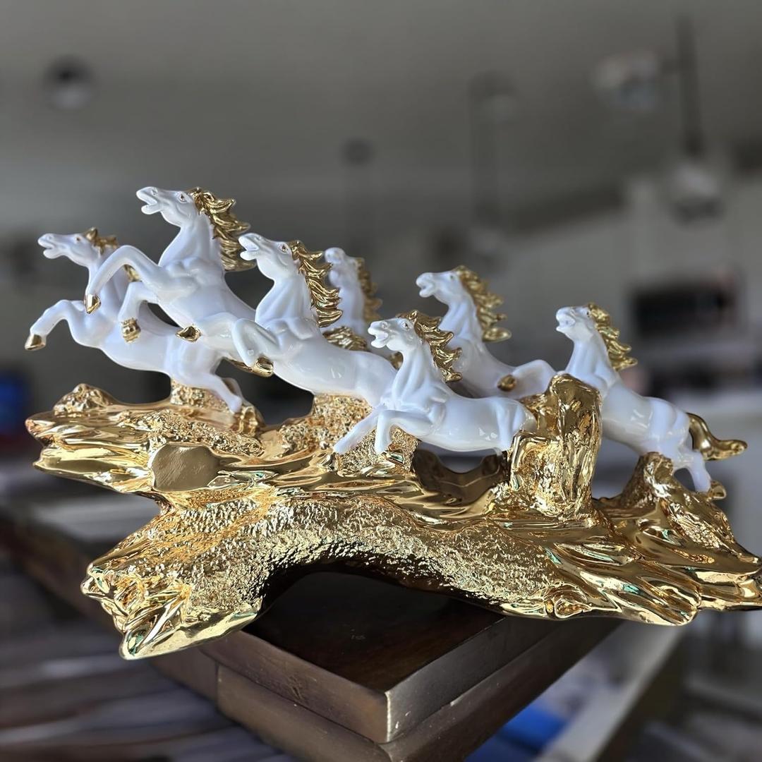 White 22 inches 7 Running Victory Horses Resin Statue Vastu Feng Shui Showpiece for Living Room,Home Decor,Office,Housewarming,Anniversary,Birthday Gift