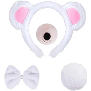 4 Pieces Bear Costume Set Bear Ears Headband and Tail Nose Bowtie for Halloween Carnival Animal Cosplay Party (White)