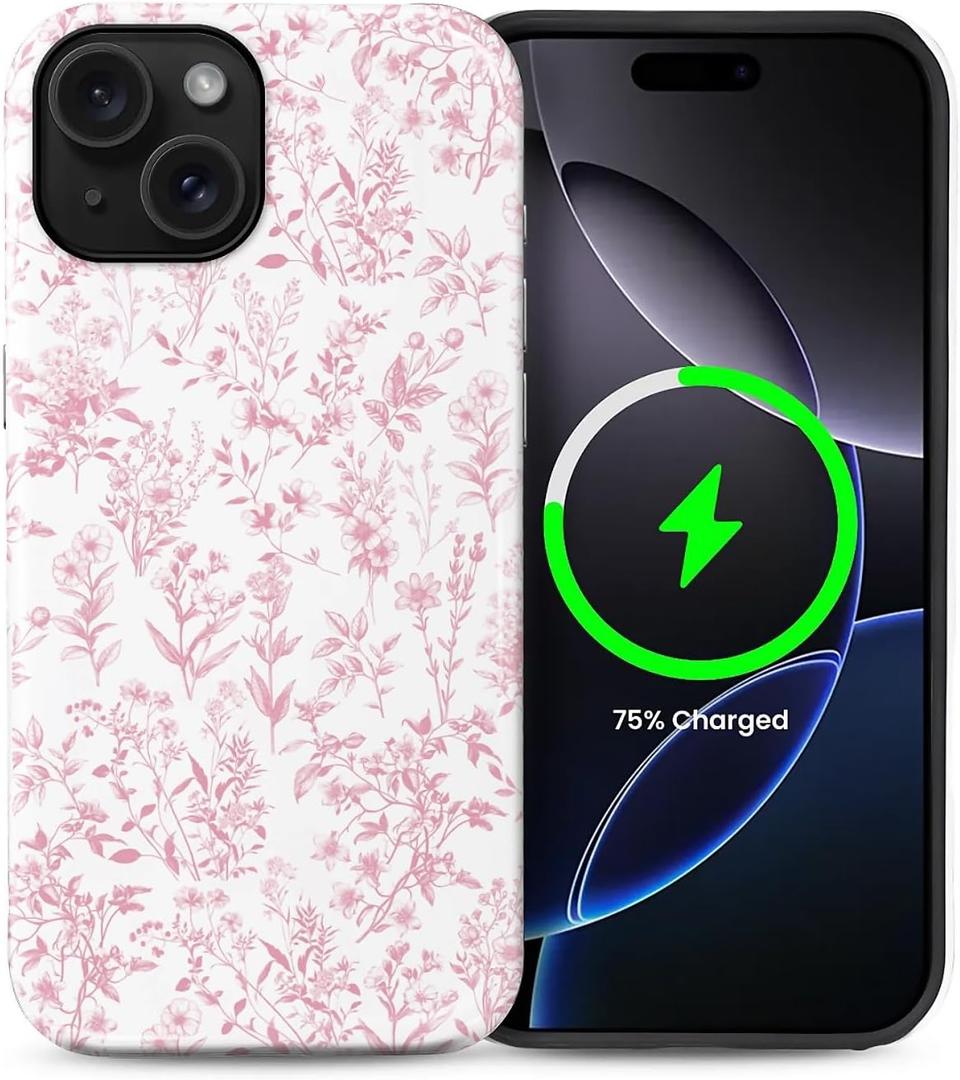 for iPhone 15 Plus Case,Compatible with MagSafe,Dual-Layer Hard Shell + Silicone Cover,Full Body Protection Shockproof Case for iPhone 15 Plus-Sage Pink Flower Pattern