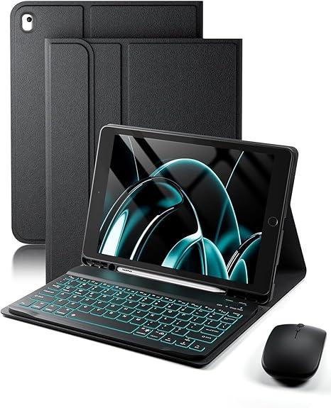 TUNKARMOR for iPad 9th / 8th / 7th Generation 10.2 inch & iPad Air 3rd Gen & iPad Pro 10.5 inch Case with Keyboard 7 Color Backlit  Built in Pencil Holder with Mouse (Black)
