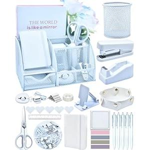 White Desk Accessories, 25Pcs White Office Supplies and Desk Organizers, with Tape Dispenser, Stapler, Staple Remover, Ect, Infuse Your Space with Porcelain Serenity, Back to School