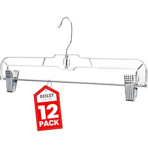 DEILSY Skirt Hanger Pants Hangers with Clips Hangers Shorts Hanger Clear Plastic Clothes Hangers with 2-Adjustable Clip Non-Slip Clothes Hangers Perfect for Pant, Pack of 12
