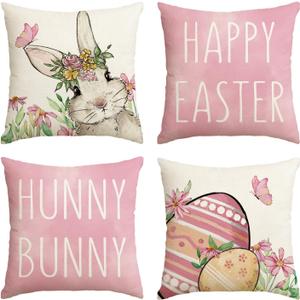 AVOIN colorlife Happy Easter Hunny Bunny Pink Throw Pillow Covers, 20 x 20 Inch Easter Eggs Bunny Spring Cushion Case for Sofa Couch Set of 4