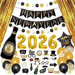New Years Eve Party Supplies 2026 - 2026 Foil Balloon Banner and Curtains, Photo Booth Props, New Years Eve Decorations Black and Gold Party Supplies Decorations Photography Backdrops