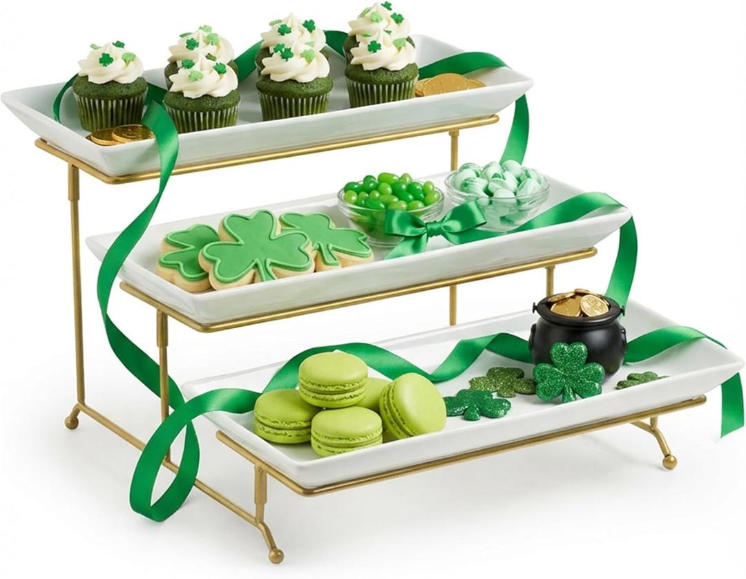 LAUCHUH Large 3 Tier Serving Stand Tiered Serving Trays with Collapsible Sturdier Rack Porcelain Serving Trays and Platters for Fruit Dessert Presentation St. Patrick's Day Party Display Set, 14 Inch (Gold)