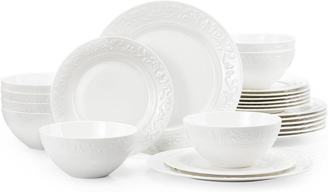KINGSTONE 24Pcs Vintage Relief White Bone China Set, Service for 8
