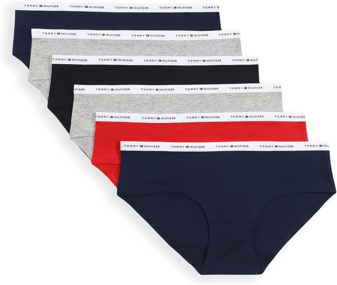 Tommy Hilfiger Women's Cotton Logo Hipster Underwear 6-Pack, Navy/Red/Grey/Black/Grey/Navy, Medium (S)