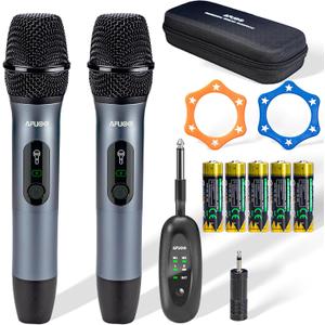 Wireless Microphone Set for Singing, Speech & Karaoke, 2.4GHz Dual-Mic Receiver, 200ft, Storage Bag Included, Metal Cordless Mic 2 Pack for Karaoke Machines, PA Systems, PartyBox, Gray-Blue