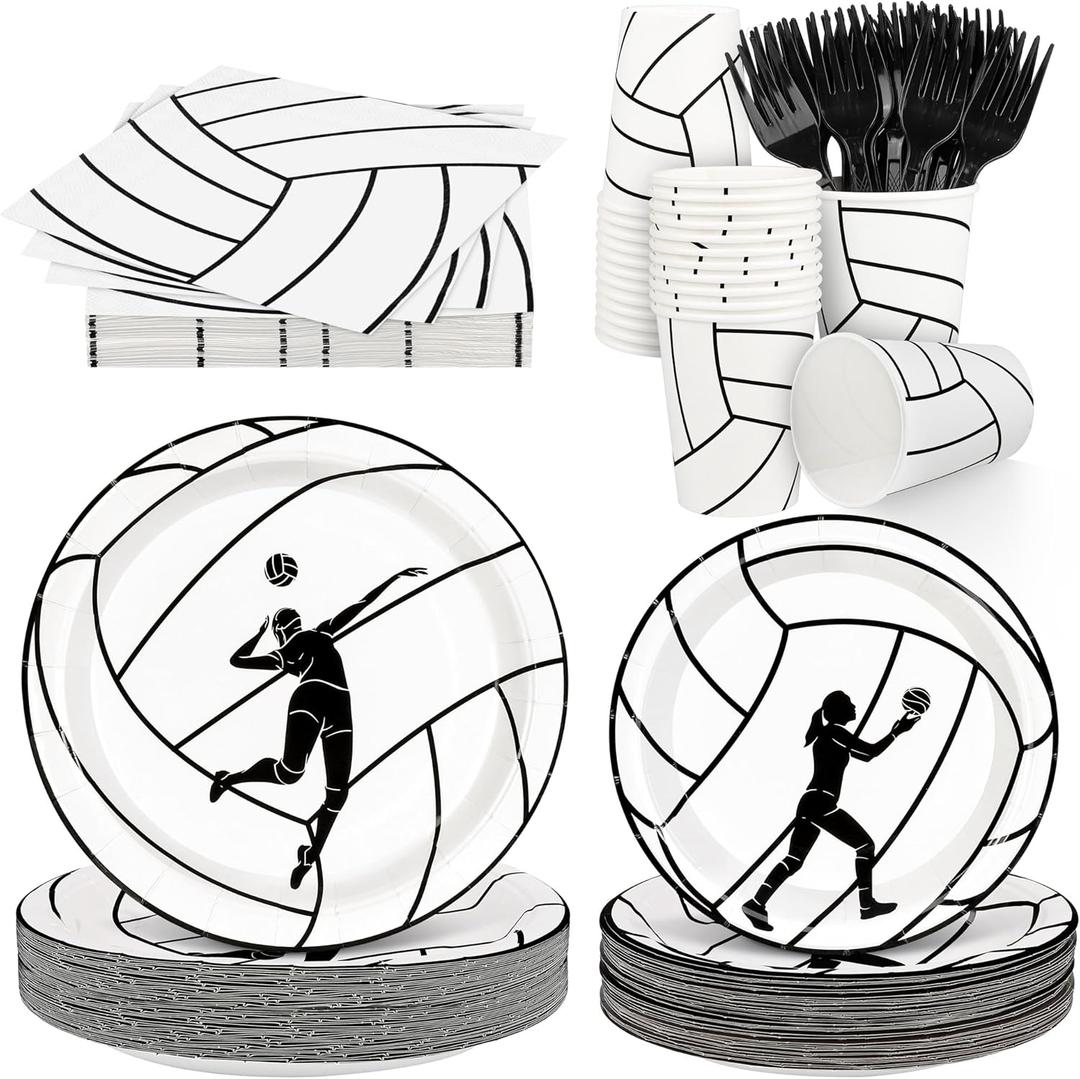 Durony 144 Pieces Volleyball Paper Plates and Napkins Dinnerware Set Volleyball Birthday Party Tableware Supplies Includes Paper Plates Napkins Forks Serve 24 for Sports Party Supplies
