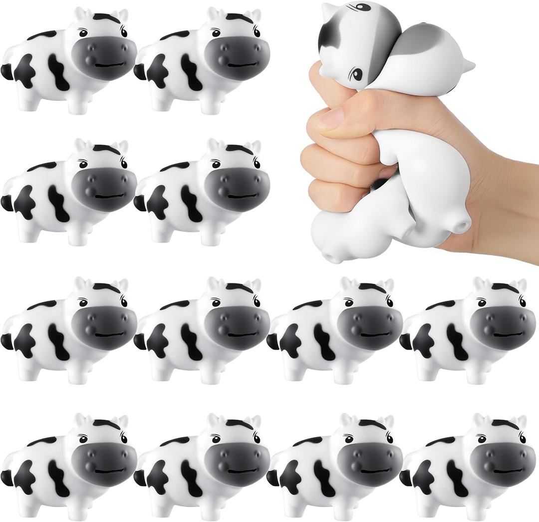 Meooeck 12 Pcs Cow Stress Relief Toy Stress Ball for Adults Mini Animal Stuffy Fidget Toys Black and White Cute Cow Gifts for Easter Basket Stuffer Birthday Party Office Workers ADHD Autism Anxiety Black and White