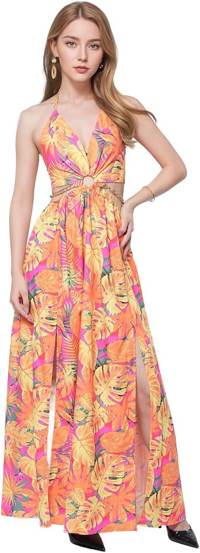 Women's Sexy Backless Halter Sundress - V-Neck High Slit Floral Maxi Dress, Boho Beach Dress for Vacation (L)