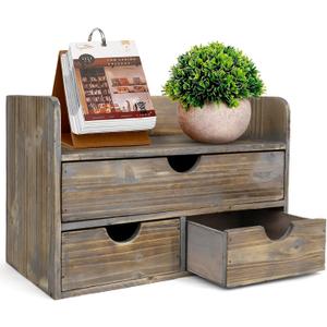 Besti Wooden Office Desk Organizer - Organizing Tool for Desktop, Cubicle, Bedroom, Kitchen - Vintage Style Organization Caddy with Top Tray Shelf & 3 Drawers - 13.6x9x7 Inches (Rustic)