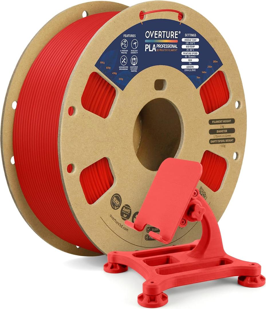 OVERTURE PLA Plus (PLA+) Filament 1.75mm, Stronger & More Durable, Professional Toughness 3D Printer Filament 1kg (2.2lbs), High Precision +/- 0.02mm, Tangle-Free (Red)