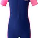 karrack Girls and Boys One Piece Rash Guard Swimsuit Kid Water Sport Short Swimsuit UPF 50+ Sun Protection Bathing Suits (6-7 Years, Blue-pink)