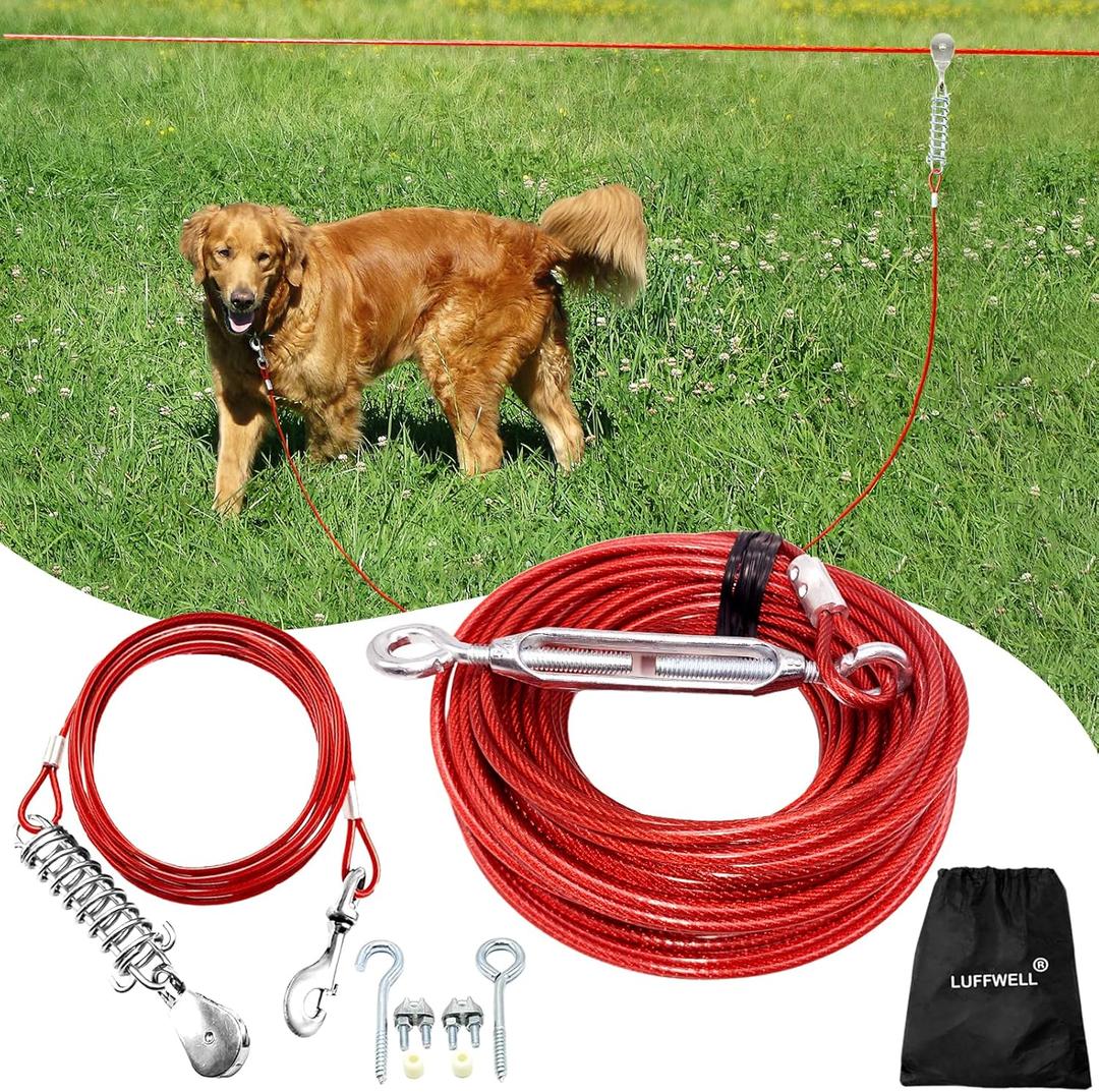 100FT Dog Runner for Yard with 15FT Tie Out Cable - Heavy Duty Trolley System for Large Dogs Up to 250LBS, Backyard/Park/Camping Use (Red, 100FT+15FT)