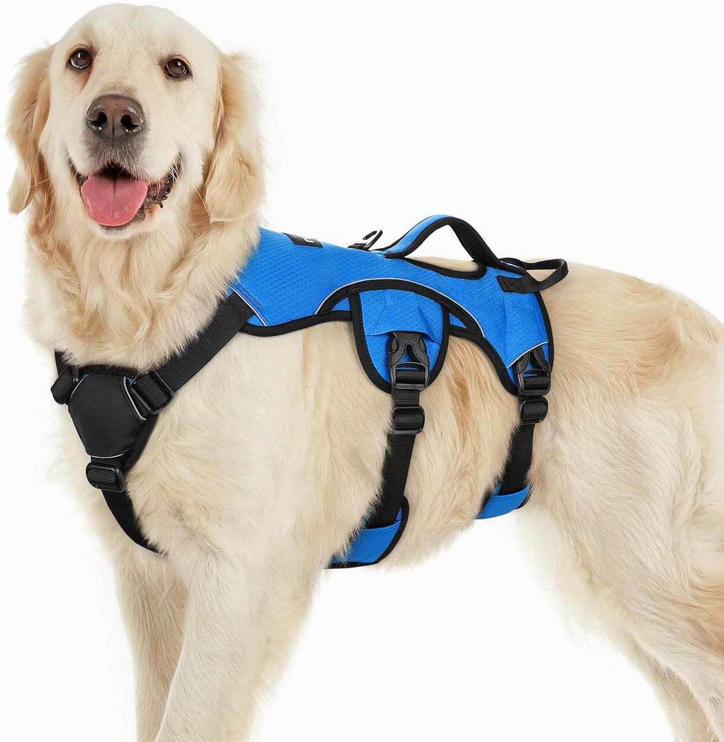 rabbitgoo Escape Proof Dog Harness, Soft Padded Full Body Pet Harness, Reflective Adjustable No Pull Vest with Lift Handle and Leash Clip for Large Dogs Walking Hiking Training, L, Blue (Large (Pack of 1))