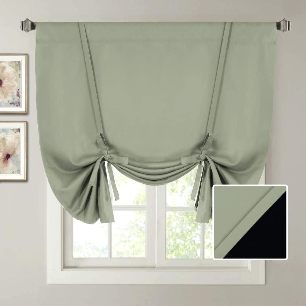 H.VERSAILTEX 100% Blackout Tie Up Curtains Sage Green Curtain Drape for Bedroom, Short Privacy Bathroom Balloon Window Shade Rod Pocket Curtain for Window Covering, 42" Wide, 1 Panel, Light Sage