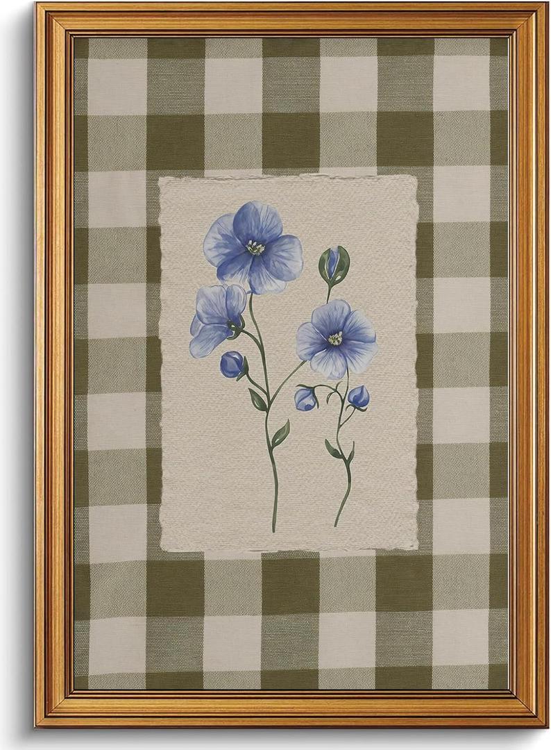 Gold Framed Wall Art, Blue Floral Canvas Art Prints, 16x24in