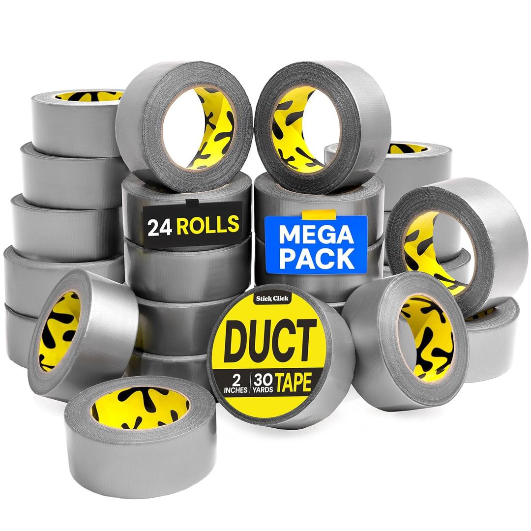 24 Pack Duct Tape Heavy Duty Waterproof - 2 In x 90 Ft - All-Weather, Silver, Easy to Tear, Strong Hold, No Residue, Gray Bulk Waterproof Tape for Repairs, DIY, Sealing, B2B, Home, Office, Outdoor Use
