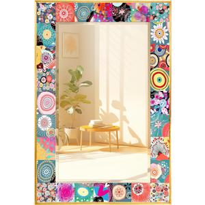 G-LEAF Mosaic Mirror 24x36 inch Vintage Mexican Talavera Aluminum Frame Bathroom Rectangle Moroccan Spanish Mediterranean Mirror for Entryway, Bathroom, Vanity, Living Room