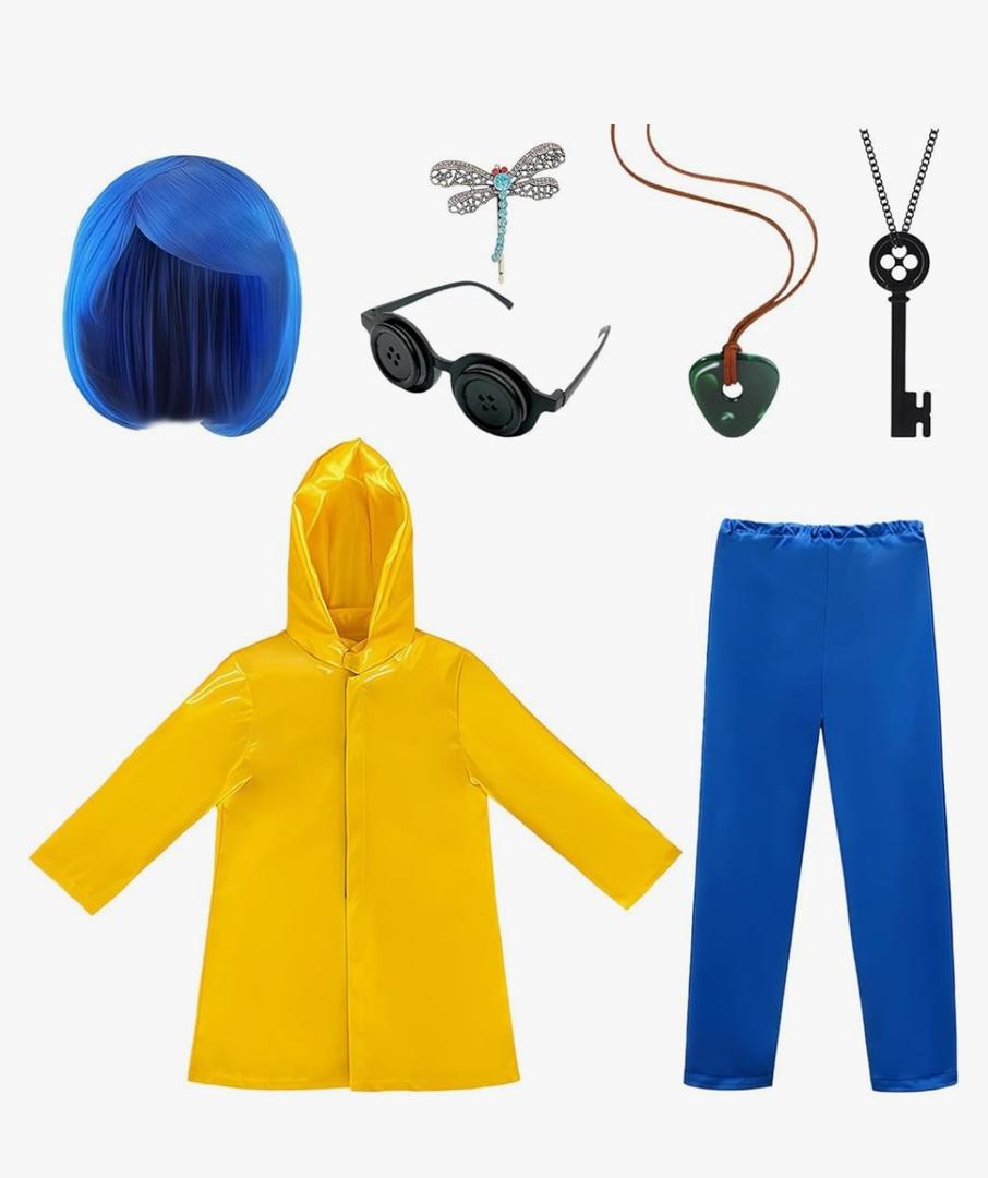 Halloween Yellow Raincoat Costume Kids Girls Jacket Pants Blue Wig Button Glasses Necklace Horror Anime Cosplay L