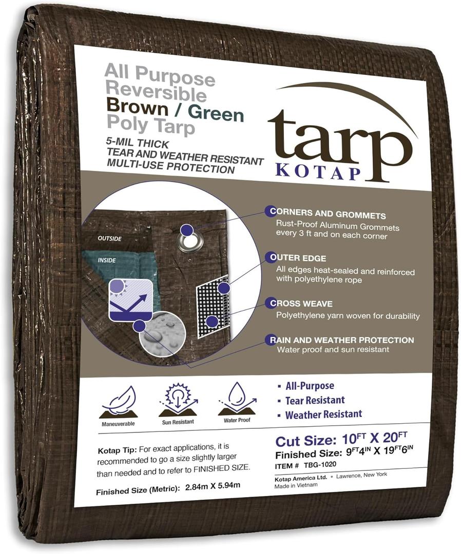 Kotap 10 x 20 Ft. All-Purpose Multi-Use Protection/Coverage 5-mil Poly Tarp, Reversible, Waterproof, Brown/Green, (TBG-1020) 2 Pack