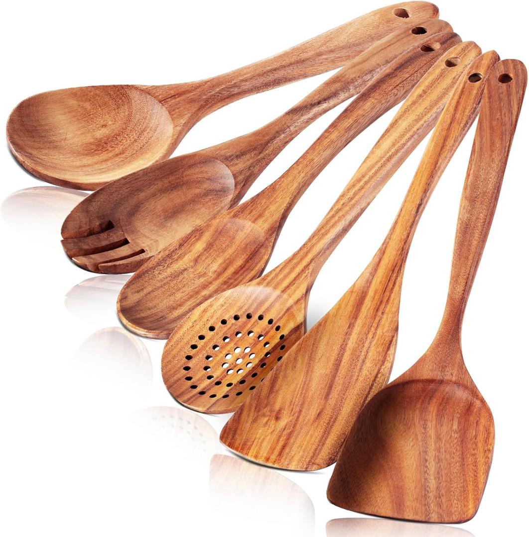 6 Pack Wooden Spoons For cooking  Heat-Resistant Wood Spatula with Comfort Grip, Lightweight Kitchen Cooking Utensils set, wood Spoon utensil Set Perfect for Non-Stick Cookware