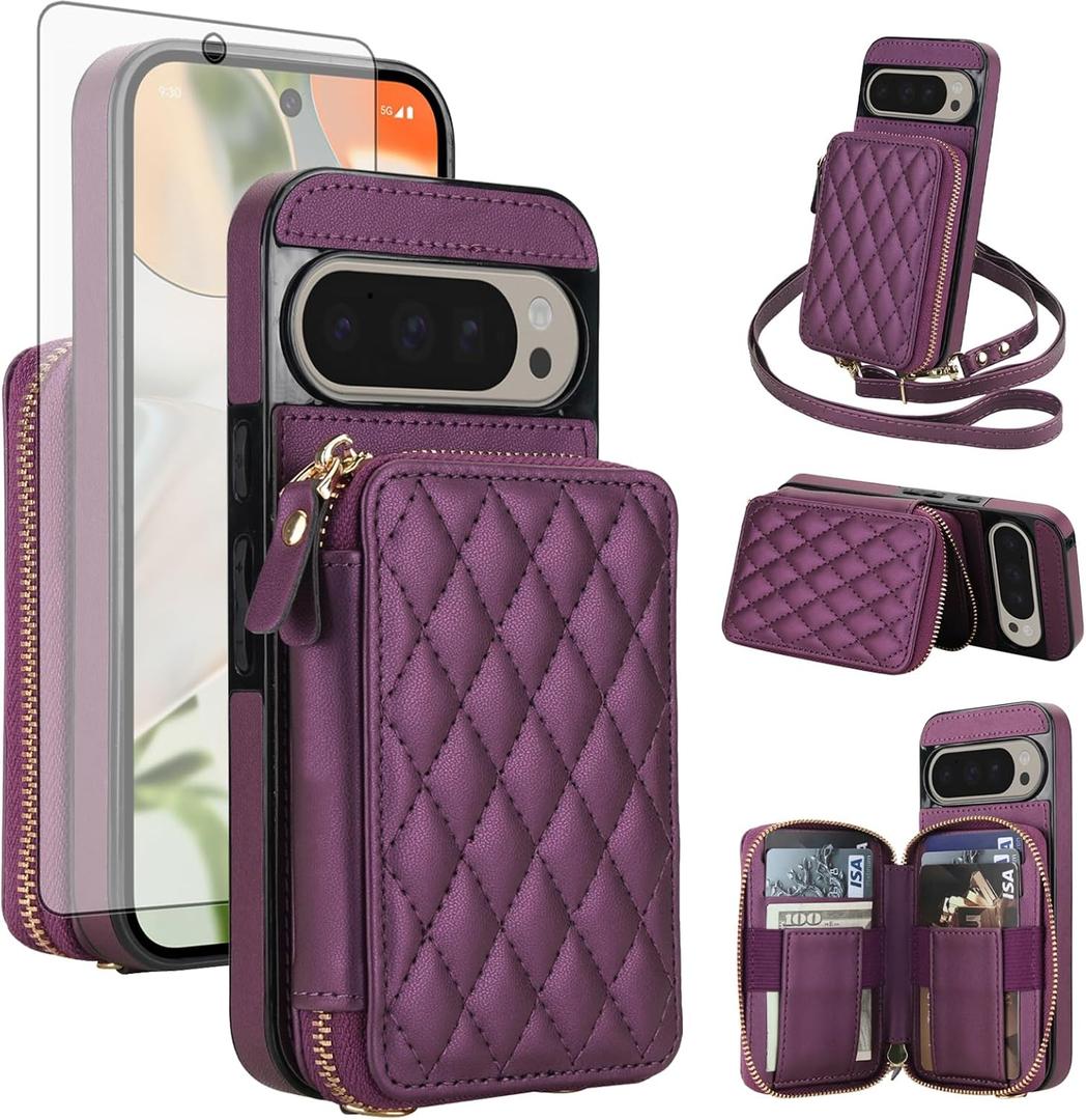 Asuwish Phone Case for Google Pixel 9/9 Pro/10/10 Pro 5G Wallet Cell Cover with Tempered Glass Screen Protector Strap RFID Blocking Card Holder Pixel9 9Pro/Pixel10 10Pro Nine Ten Women Men Dark Purple