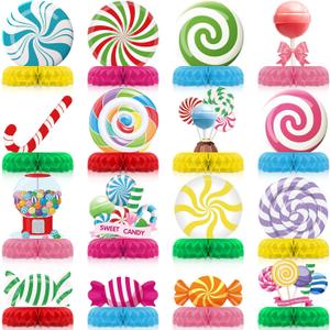 Pasimy 16 Pcs Candy Party Decorations Colorful Candy Lollipop Table Honeycomb Centerpieces Sweet Candy Table Decorations for Candy Theme Birthday Baby Shower Sweet Shop Party Supplies