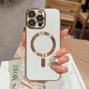 OOK Magnatic Case for iPhone 16 Pro Case [Compatible with MagSafe] Full Camera Lens Protector Gold Electroplate Edge Soft TPU Shockproof Protective Phone Case for Women Men 6.3 Inch - White