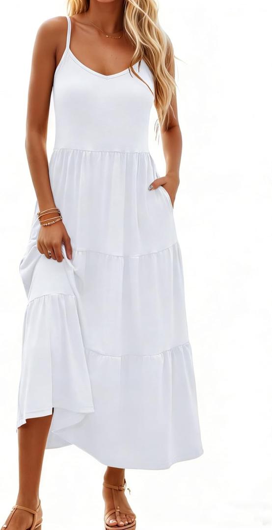 Halife Womens Flowy Tiered Maxi Dress Sleeveless Summer Sundresses Adjustable Straps Long Beach Sun Dresses with Pockets (Medium)