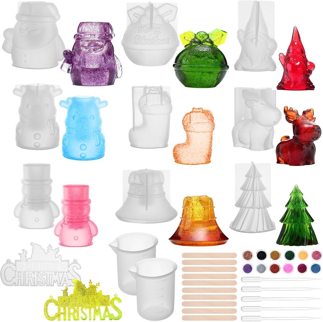 Vesici Christmas Resin Mold Kit Include 10 Pcs Silicone Molds Tools Set with Glitter Powder Cups Sticks Droppers Holiday Epoxy Casting Molds for DIY Xmas Crafts Ornaments Decorations