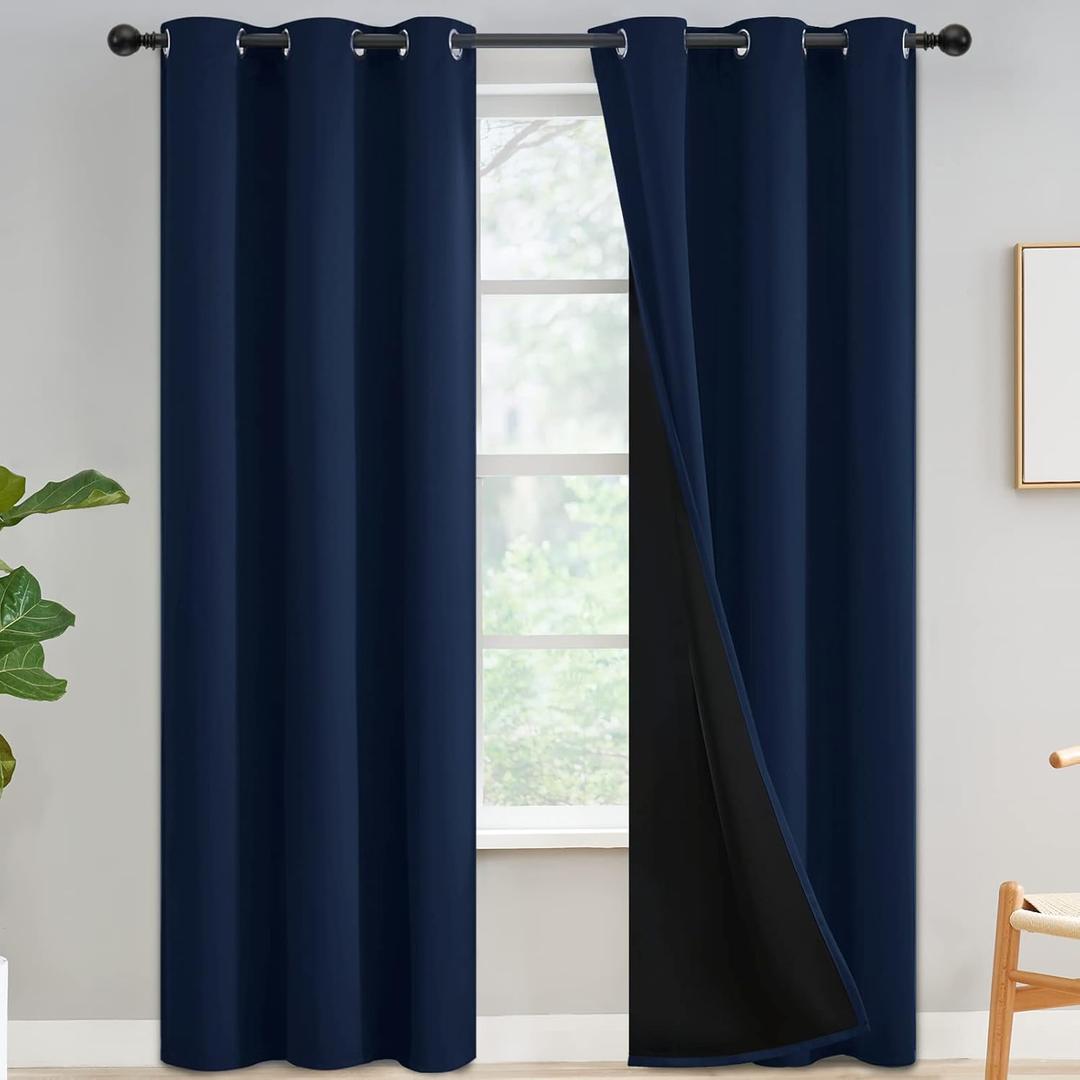 Navy Blue Curtains 100% Blackout Curtains for Living Room - Grommet Thermal Insulated Full Room Darkening Block Out Curtains with Black Liner for Bedroom, Set of 2 Panels, W42 x L84 Inch