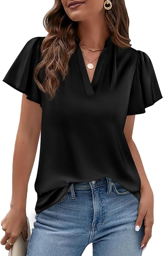PRETTYGARDEN Women's Summer Satin Dressy Casual Blouses (Black, S)