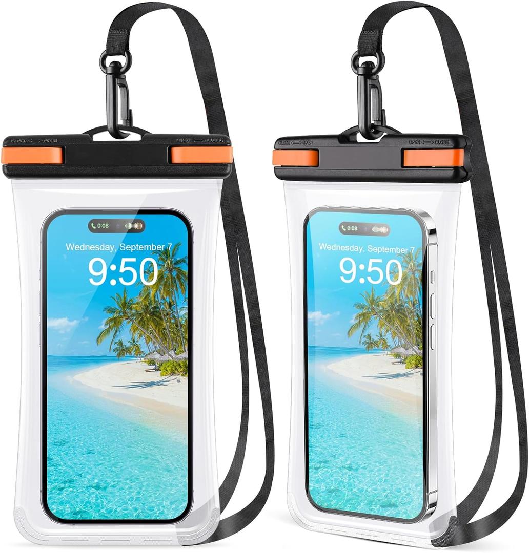 2 Pack Waterproof Phone Pouch [3D Seamless Clear Soft Edges], Waterproof Case for iPhone 16 15 14 13 Pro Max Plus Galaxy S25 S24 Pixel Up to 7.2" - IPX8 Dry Bag Beach Cruise Vacation Essentials (2Pcs Black Orange)