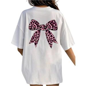 RoseSeek Girl's Leopard Bow Graphic Tees Preppy Baggy T Shirt Summer Tops | Short Sleeve, Loose Fit, Aesthetic Streetwear Vintage, Cute Clothes for Girls Size 10-12