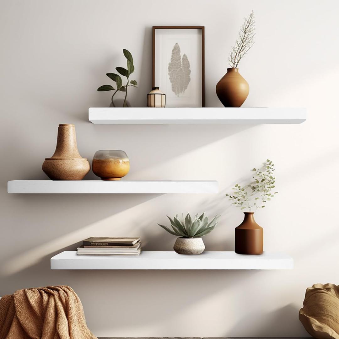 YLYHSST Floating Shelves 16 Inches, Set of 3 Solid Rustic Wood Wall Mounted Shelves (Round Edge), Wall Picture Ledge Shelf with Invisible Metal Brackets for Living Room, Bedroom, Bathroom, White