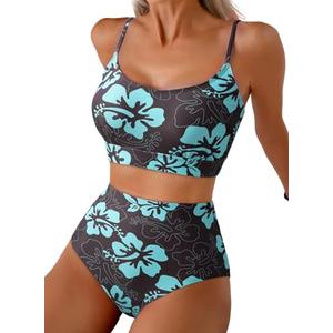 Herseas Women's Two Piece Swimsuits 2026 Swim Crop Spaghetti Strap Top High Cut Bikini Sets Modest Bathing Suit with Reversible Bottom Brown Floral Flattering Beach Outfits X-Small