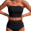 Charmo Strapless High Waisted Bikini Sets for Women Tummy Control Scallop Ribbed Bandeau Swimsuit 2026 (Black, S)