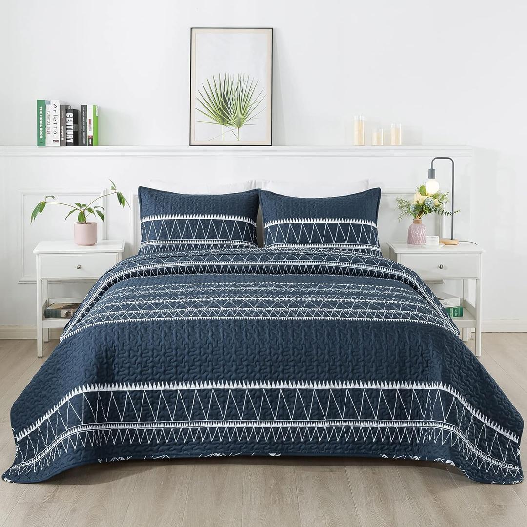 Andency Navy Blue Quilt Set King (106x96 Inch), 3 Pieces(1 Striped Triangle Printed Quilt and 2 Pillowcases), Bohemian Summer Lightweight Reversible Microfiber Bedspread Coverlet Sets