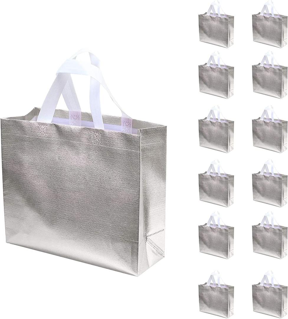 Set of 12 Glossy Reusable Grocery Bags Reusable Bags with Handles Bachelorette Gift Bag Non-Woven Bridesmaid Bag for Women Birthday Wedding Party Mother's Day Christmas Silver
