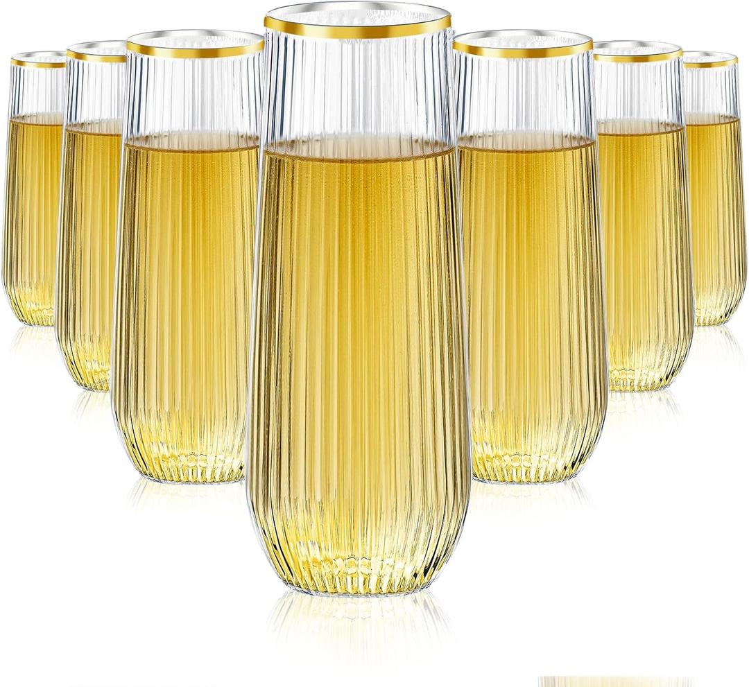 Lueumxc 48 Pack Plastic Champagne Flutes, 9 Oz Ribbed Stemless Disposable Gold Rim Plastic Toasting Glasses Shatterproof Recyclable and BPA-Free Perfect For Wedding