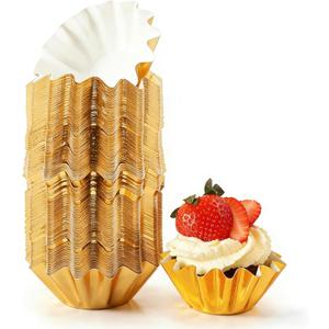Gold Cupcake Liners,100 Count Standard Wave Muffin Wrappers Non-stick Greaseproof 210g PET Coated Paper Baking Holder for Wedding, Easter Party, No Muffin Pan Needed