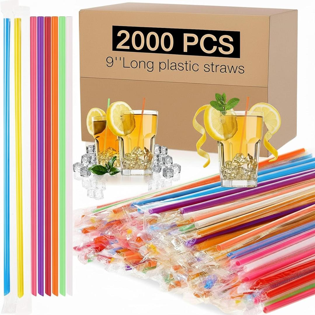 2000 PCS Individually Wrapped Disposable Plastic Drinking Straws, (9" Long, 0.24" Diameter), for Juice, Iced Coffee, Soda, and Party Beverages(Colorful) (Regular)