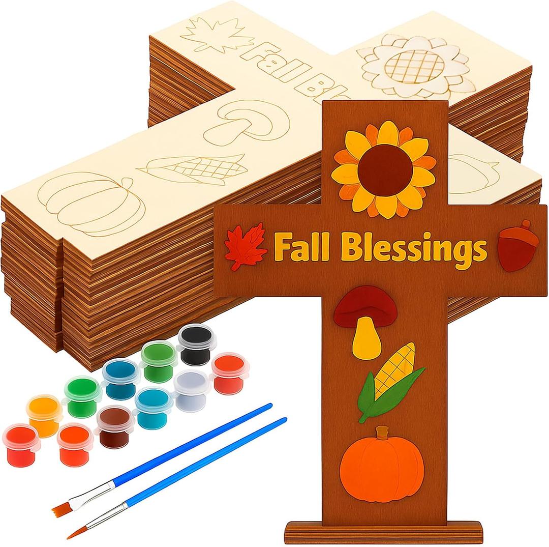 DoubleFill 12 Sets Religious Fall Blessing Wood Cross Craft to Paint for Kid Unfinished DIY Fall Cross Craft Kit for Painting Make Your Own Christian Thanksgiving Sunday School Church Classroom Autumn