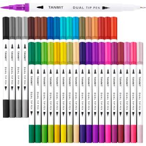 Dual Brush Marker Pens for Coloring Books, Tanmit Fine Tip Coloring Marker & Brush Pen Set for Journaling Note Taking Writing Planning Art Project
