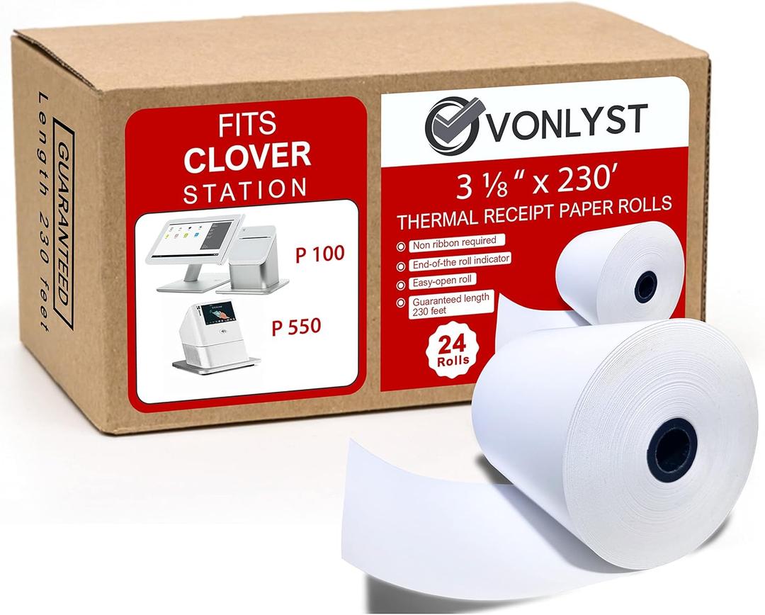 Thermal Receipt Paper Rolls 3 1/8" x 230' for Clover Station (24 rolls)